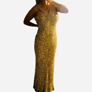 Vtg Silk Beaded Sequin Gold Silver Metallic Glam Fairy Mobwife Maxi Dress 2